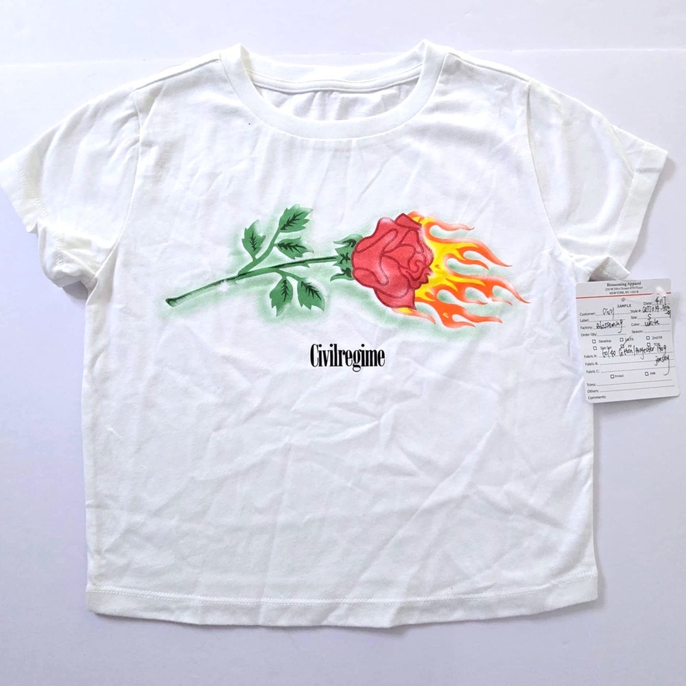 Civil Regime Graphic Tee Rose Flames Short Sleeve‎ Top White Size SAMPLE TAG